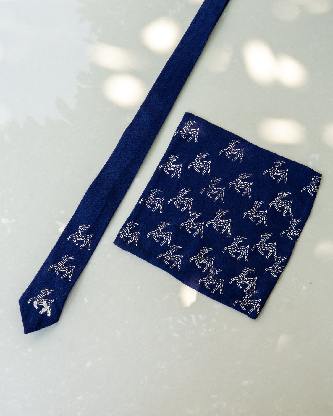 Navy Blue Pure Pashmina Silver Printed Tie & Pocket Square Set