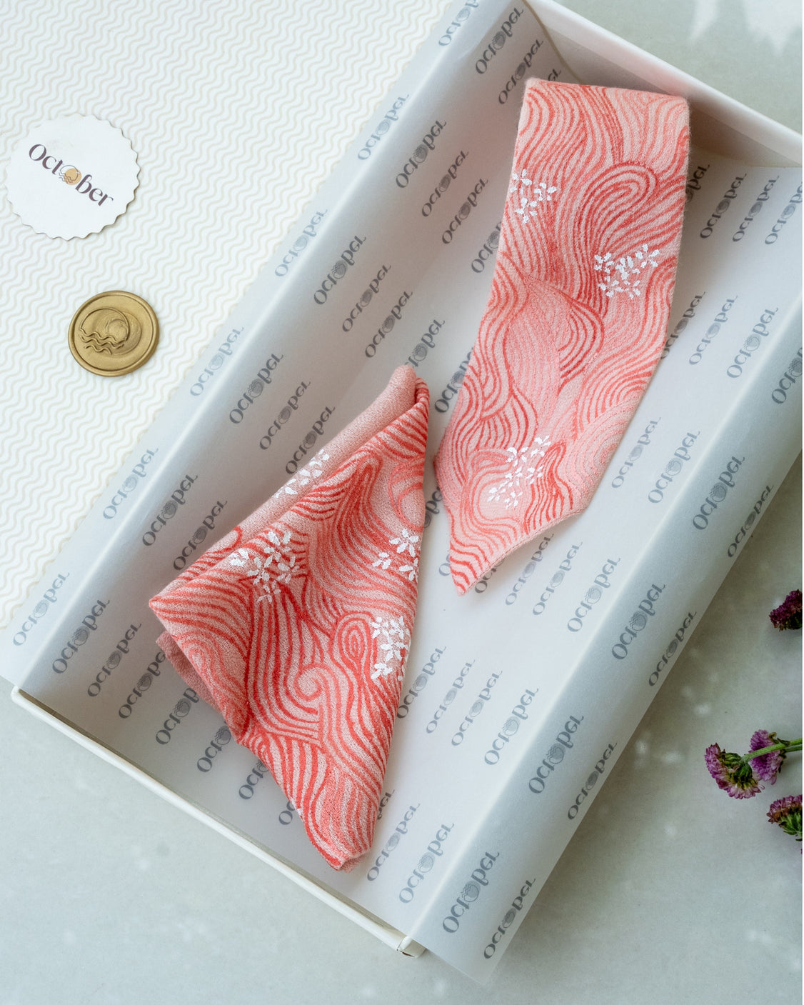 Blush Pink Hand-Painted Pure Pashmina Tie & Pocket Square Set