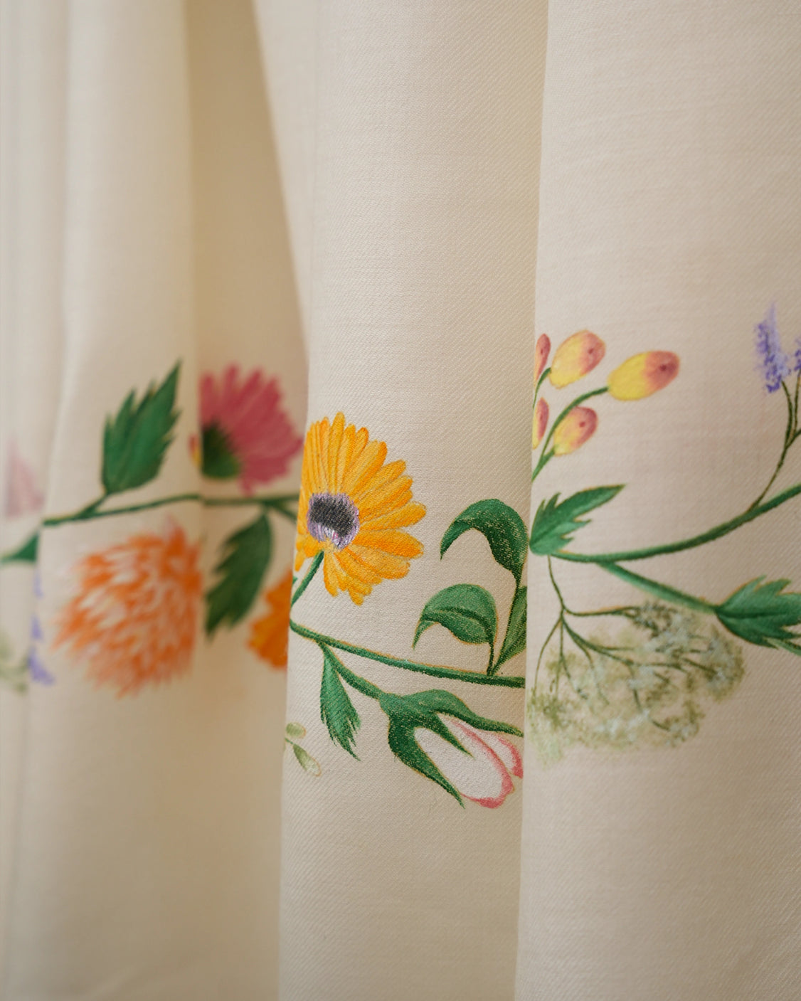 Floral Off White Fine Wool Scarf - 2 borders