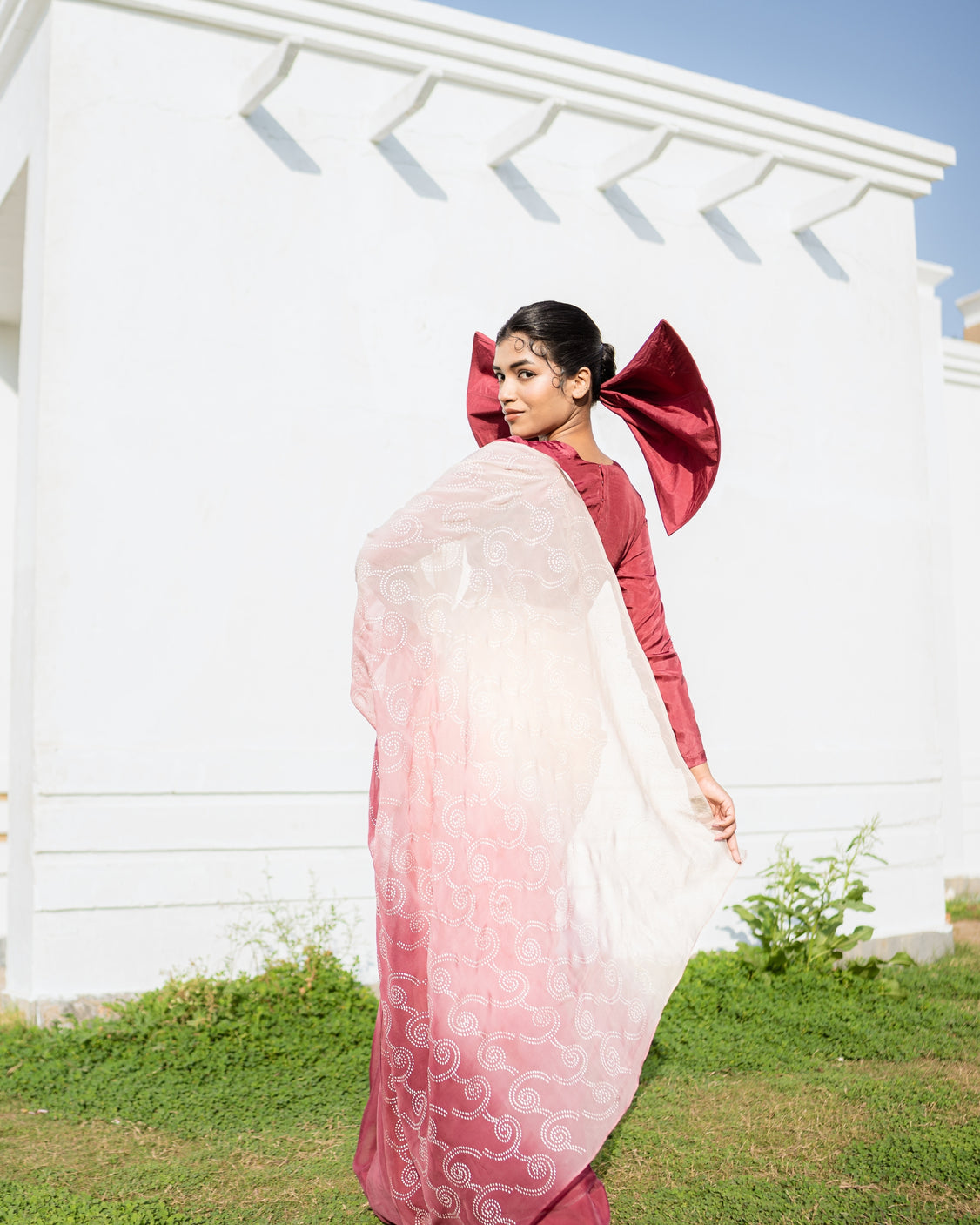 Burgundy Blush Silver Printed Organza Saree