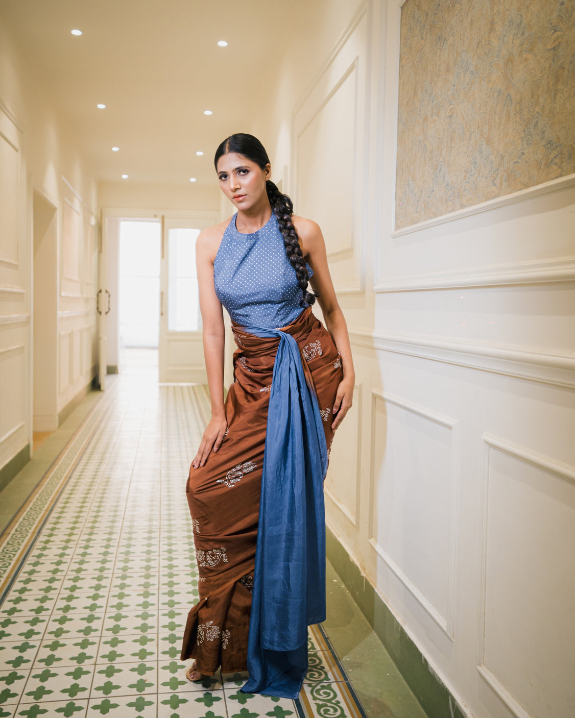 Chocolate Sapphire Silver Printed Silk Saree