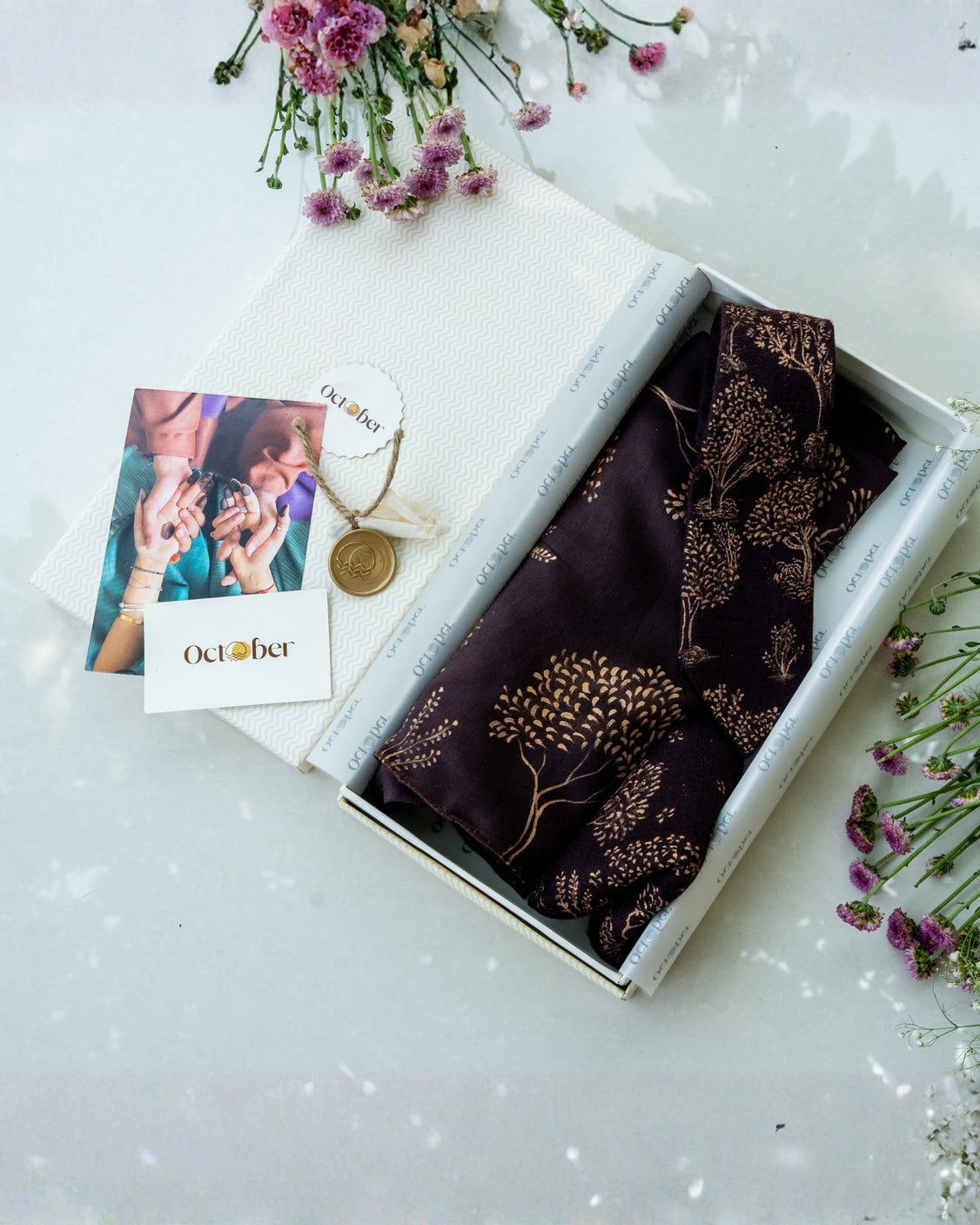 Brown Hand-Painted Chanderi Silk Scarf & Pure Pashmina Tie & Pocket Square Gift Set