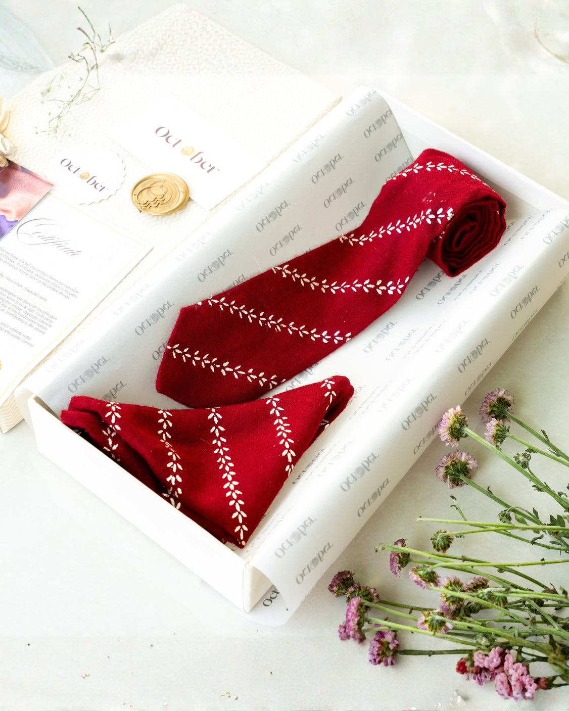 Maroon Pure Pashmina Silver Printed Tie & pocket Square Set