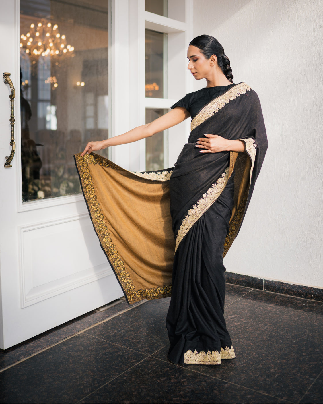Ochre Black Reversible Embroidery & Handpainted Pashmina Saree