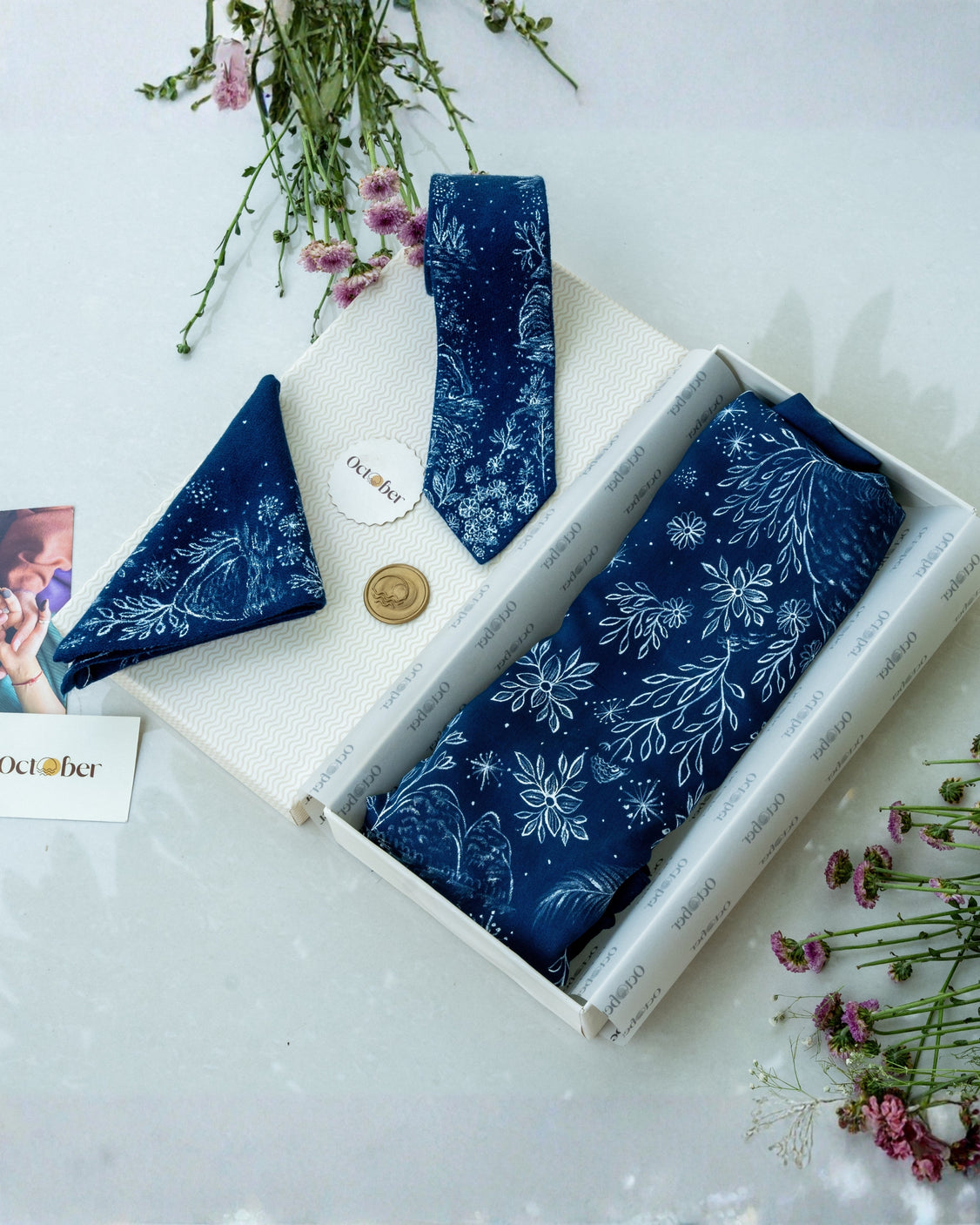 Blue Hand-Painted Chanderi Silk Scarf & Pure Pashmina Tie & Pocket Square Gift Set