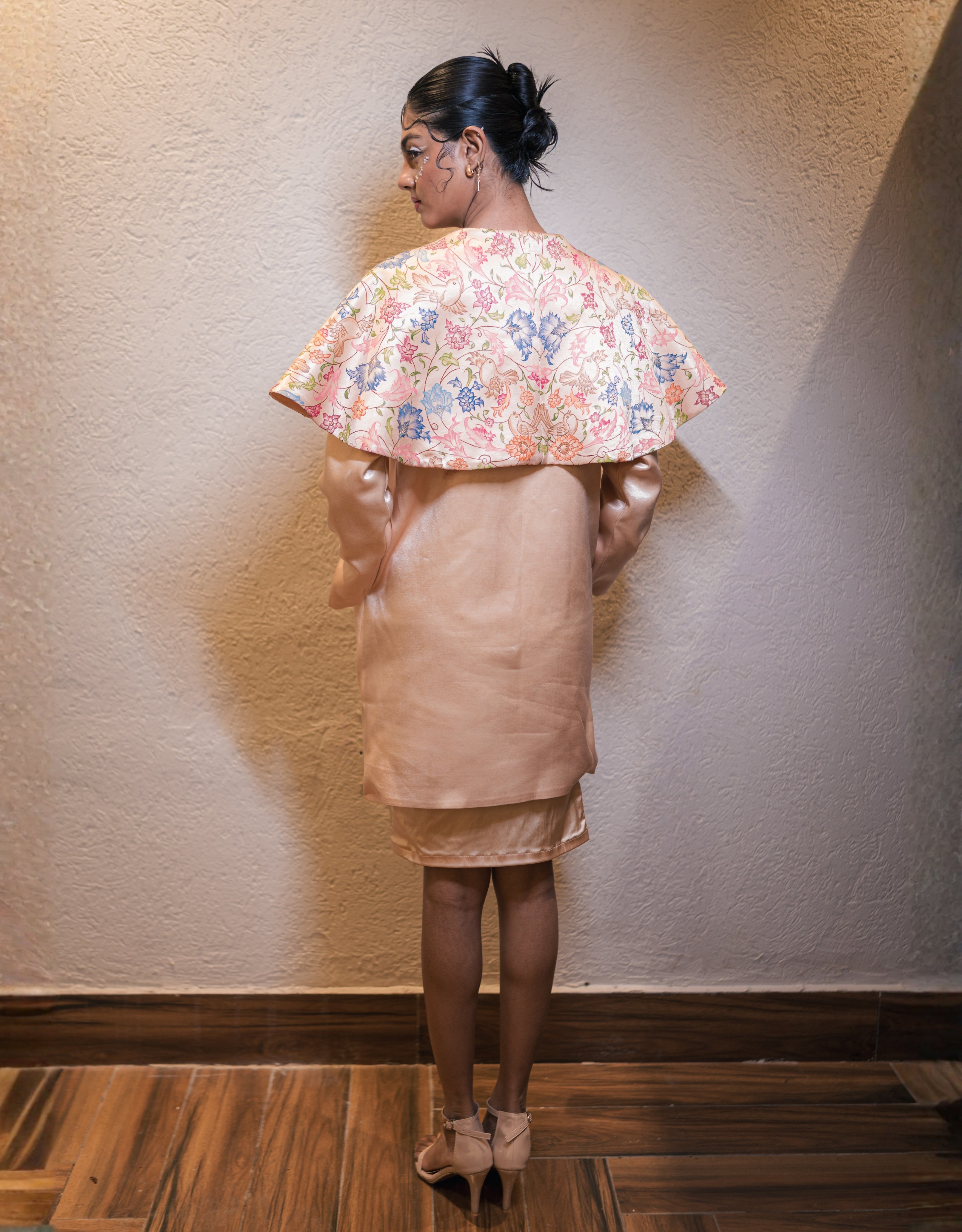 Champagne Handpainted Silk Cape Collar Coat