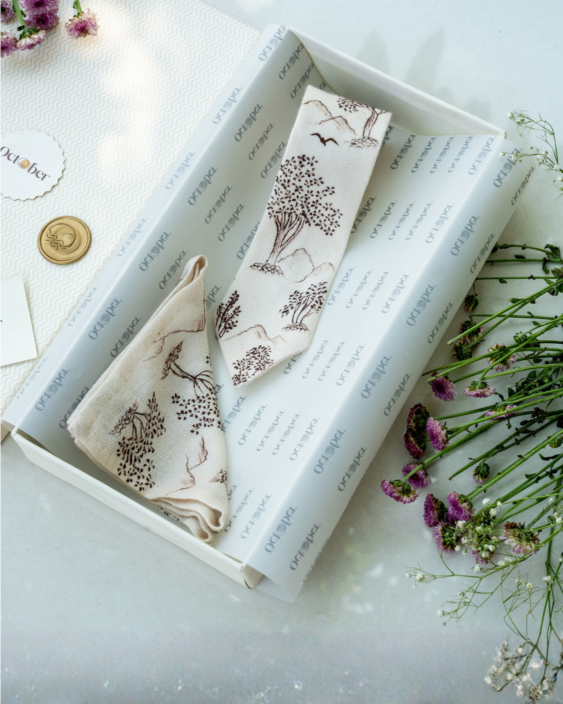 Ivory Hand-Painted Pure Pashmina Tie & Pocket Square Set