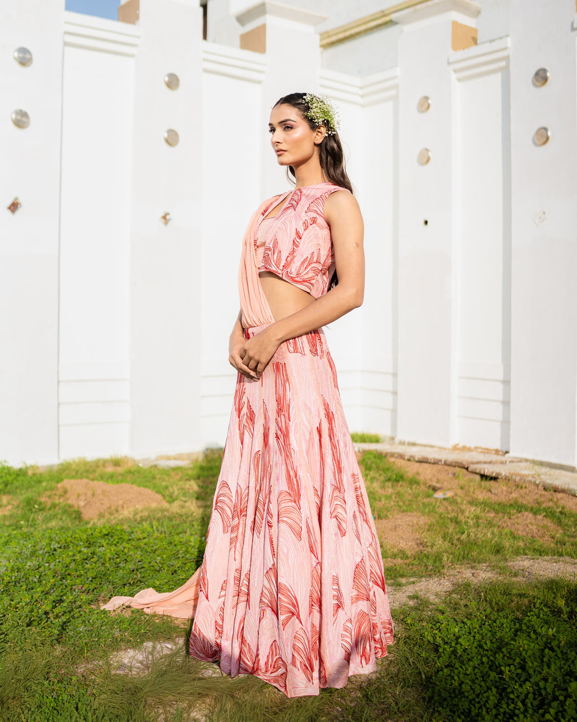 Peachy Embroidery & Handpainted Lehenga Saree Set