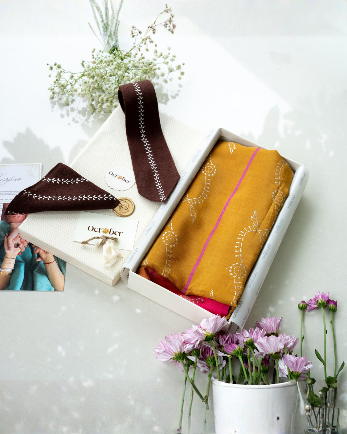 Honey Fuchsia Real Silver Block Print Silk Saree & Brown Silver Printed Pure Pashmina Tie & Pocket Square Set