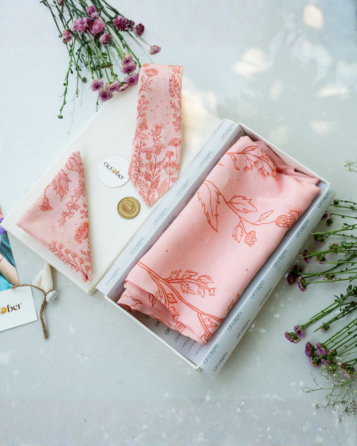 Peach Hand-Painted Chanderi Silk Scarf & Pure Pashmina Tie & Pocket Square Gift Set
