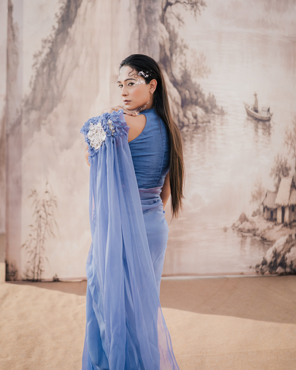Frost Blue Smocked Silver Printed Organza Saree