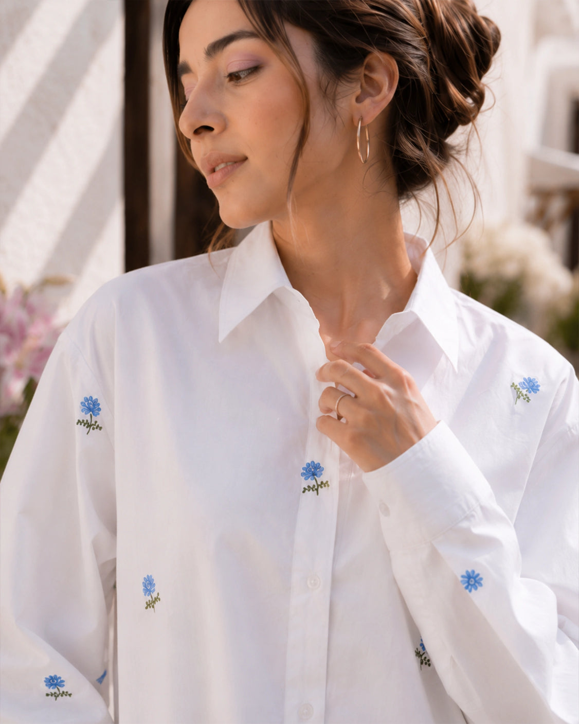 Porcelain Blue Rose Handpainted Cotton Shirt