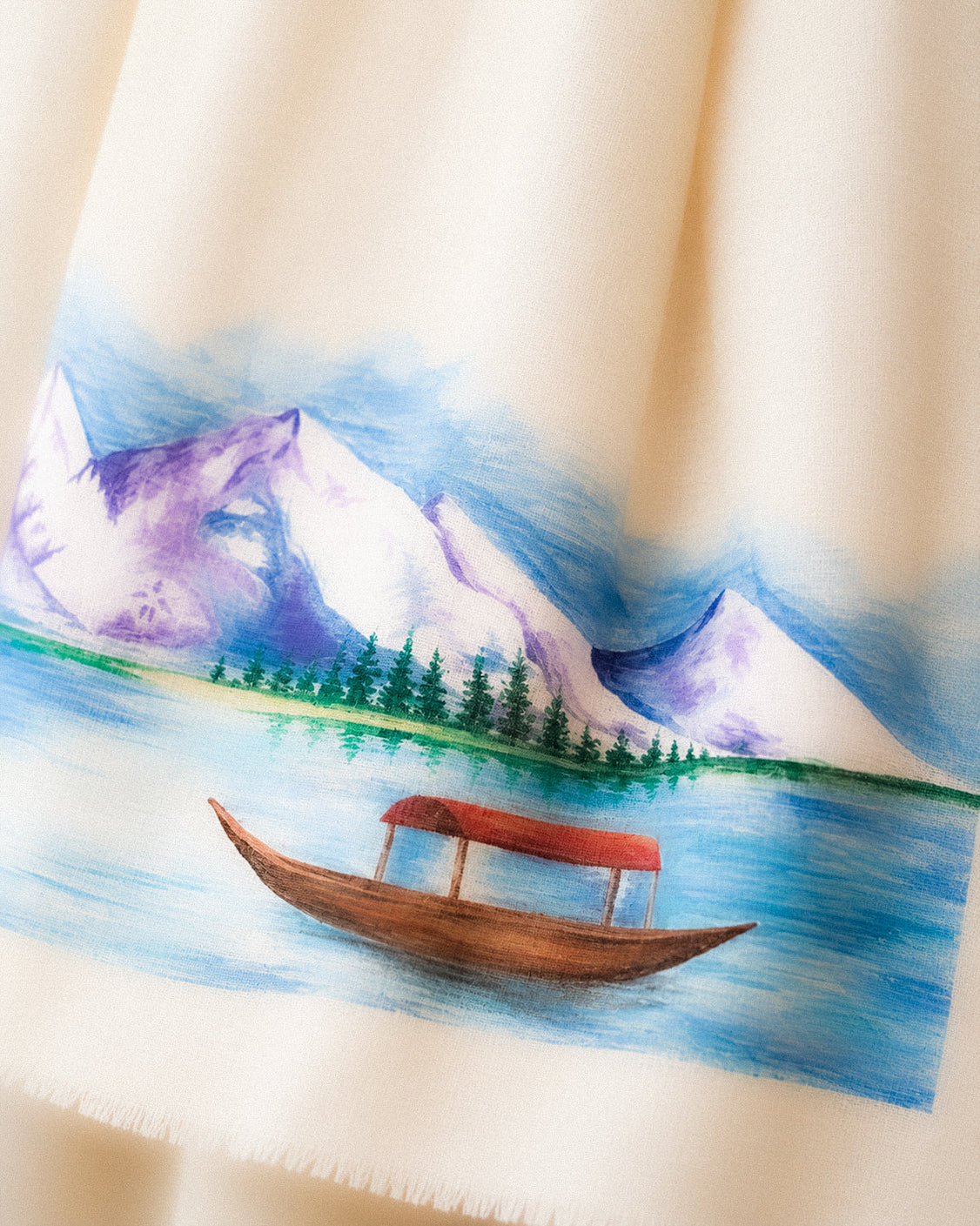Kashmir White Handpainted Fine Wool Scarf