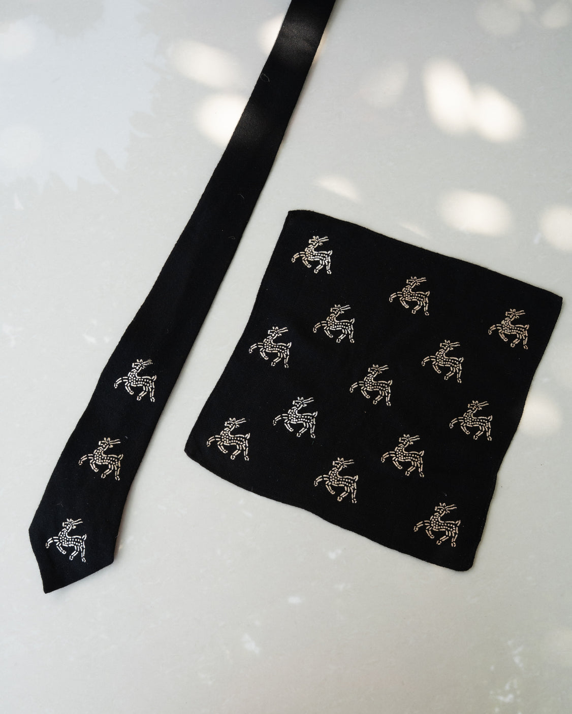Black Silver Printed Pure Pashmina Tie & pocket Square Set