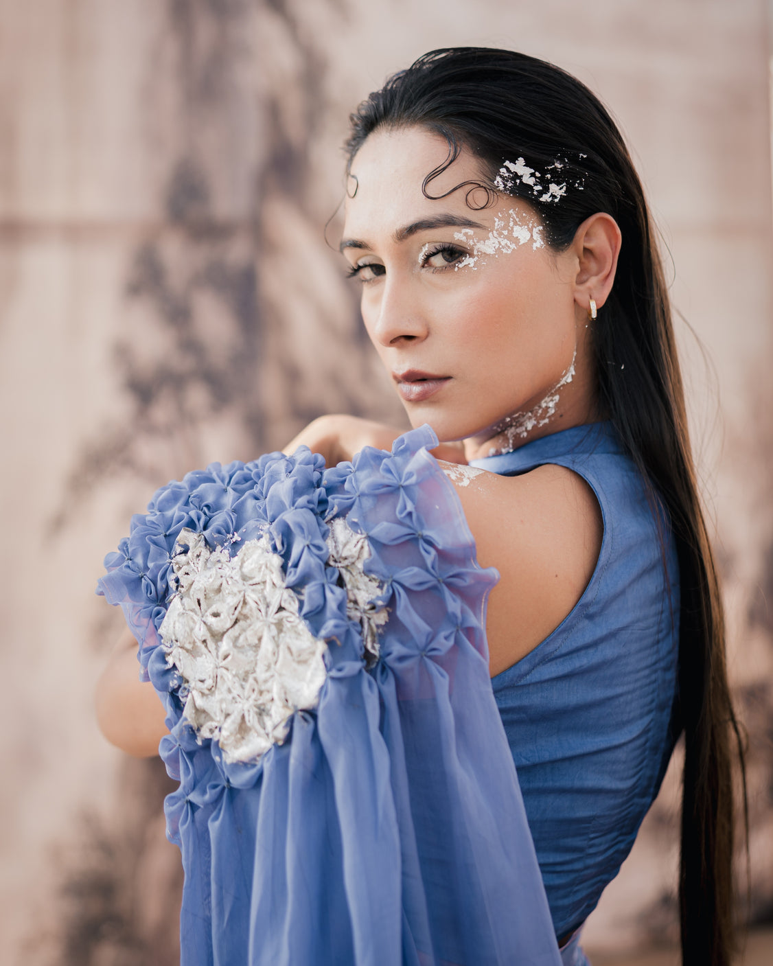 Frost Blue Smocked Silver Printed Organza Saree