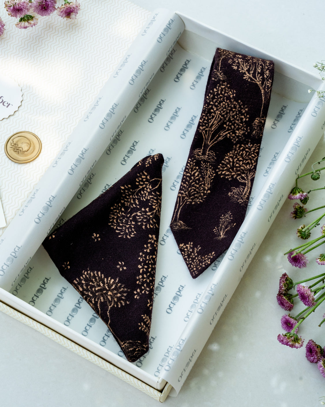 Brown Hand-Painted Pure Pashmina Tie & Pocket Square Set