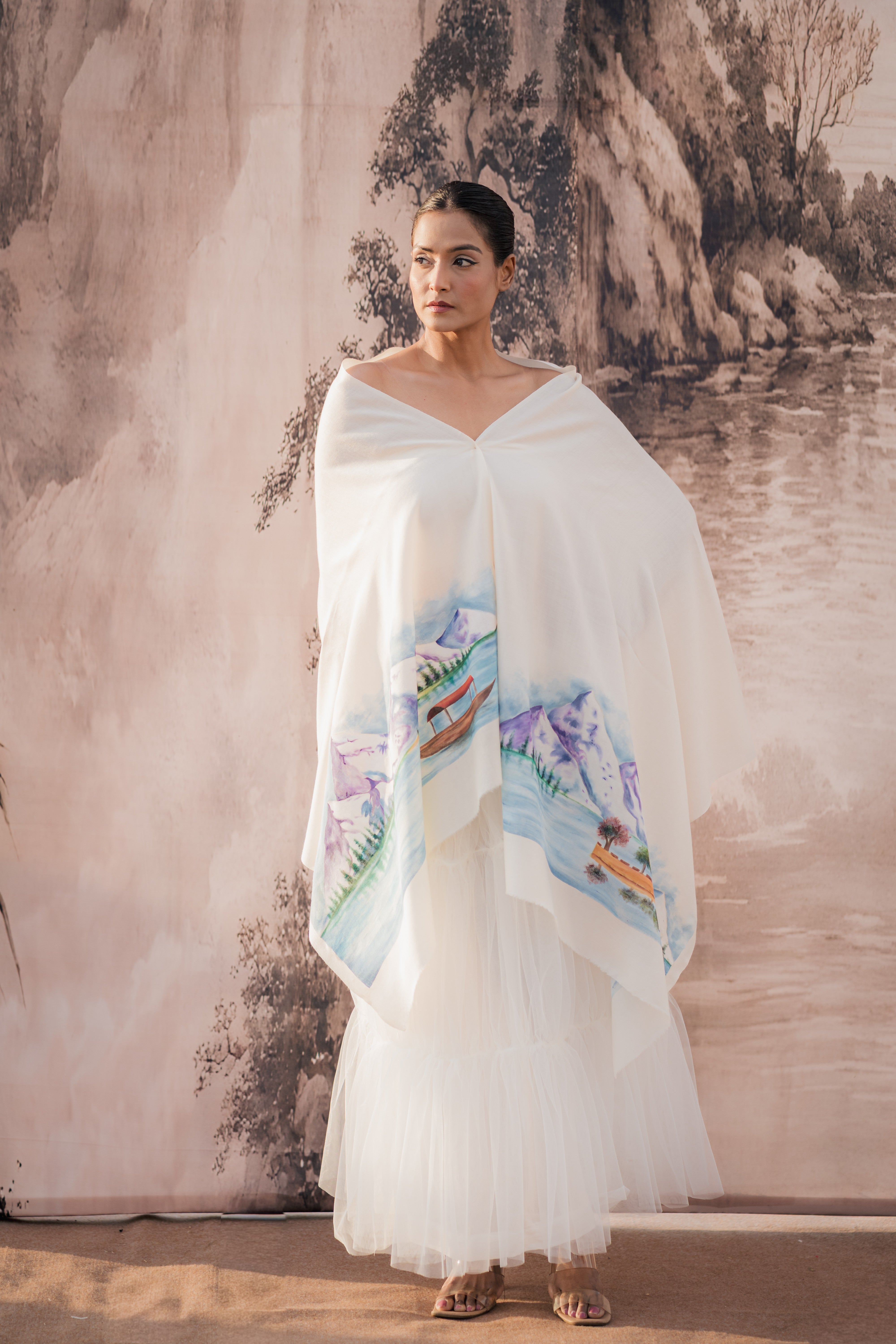 Kashmir White Handpainted Scarf