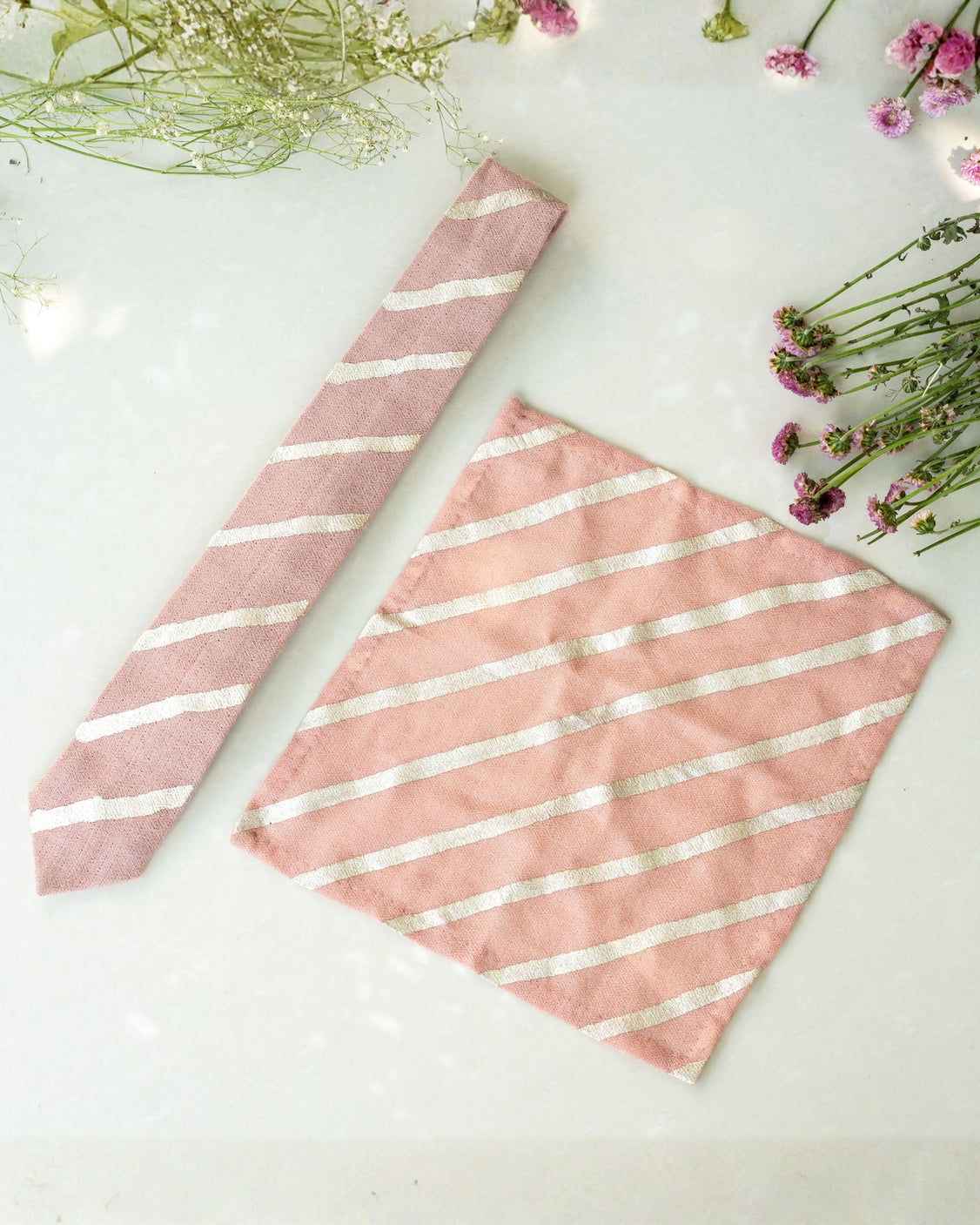 Peach Pure Pashmina Silver Printed Tie & Pocket Square Set