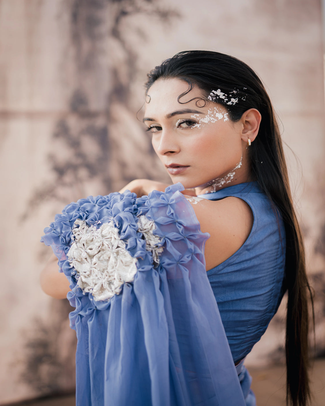 Forst Blue Smocked Silver Printed Organza Saree