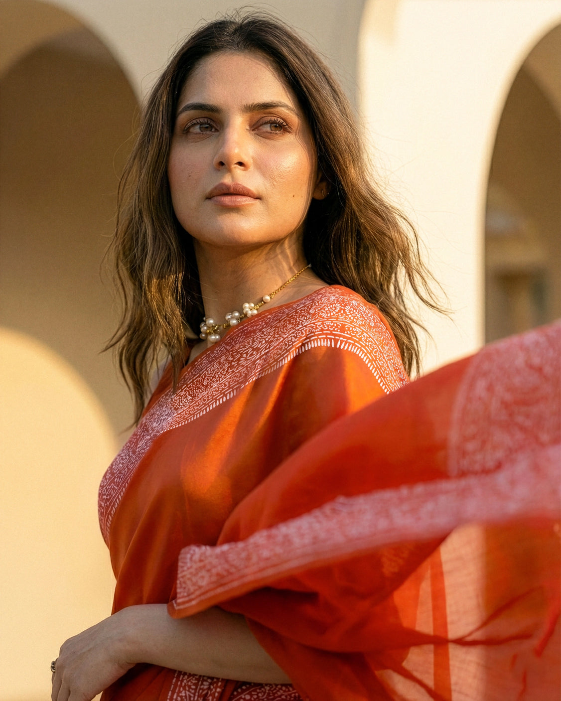 Burnt Organic Crepe Real Silver Saree