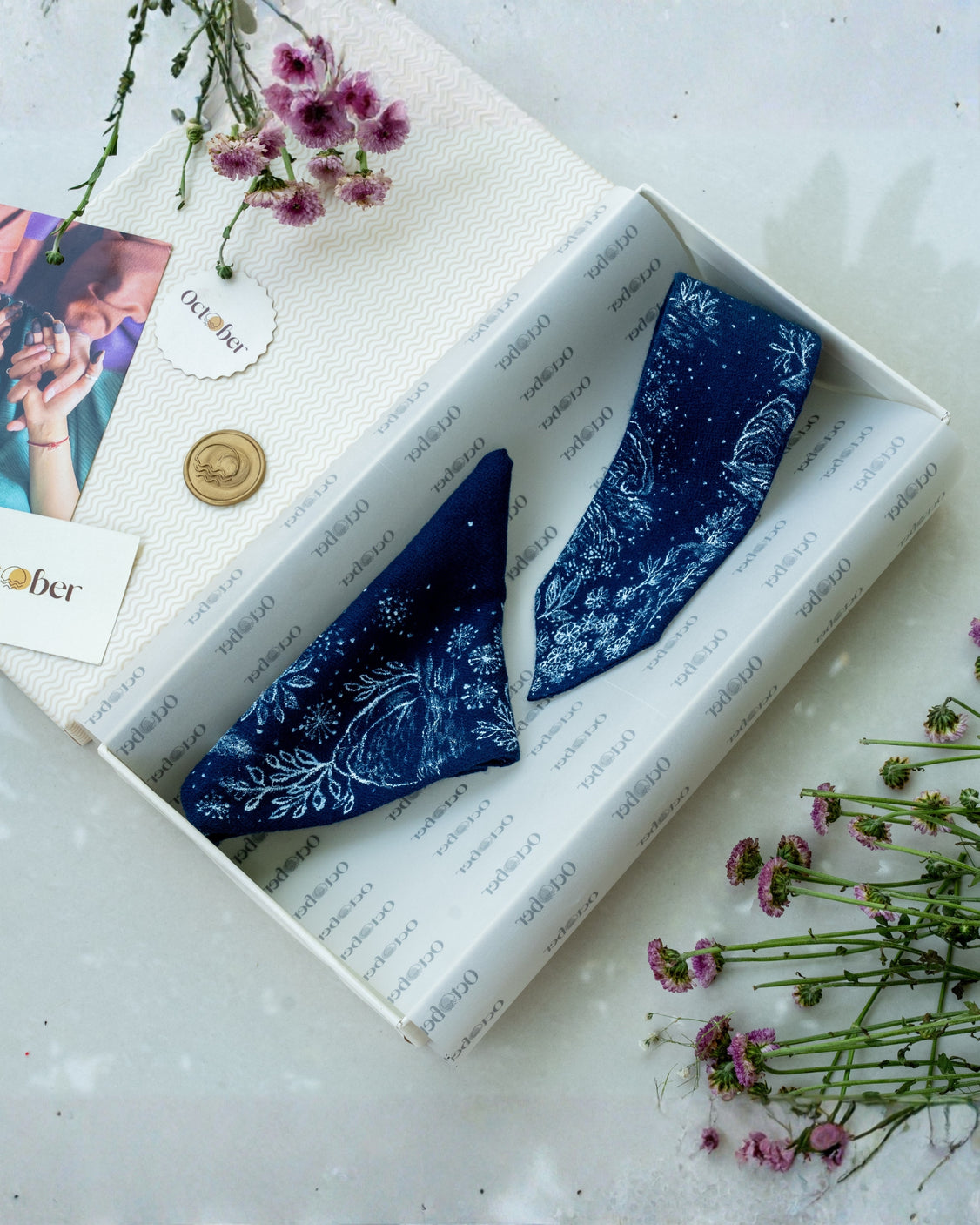 Midnight Blue Hand-Painted Pure Pashmina Tie & Pocket Square Set