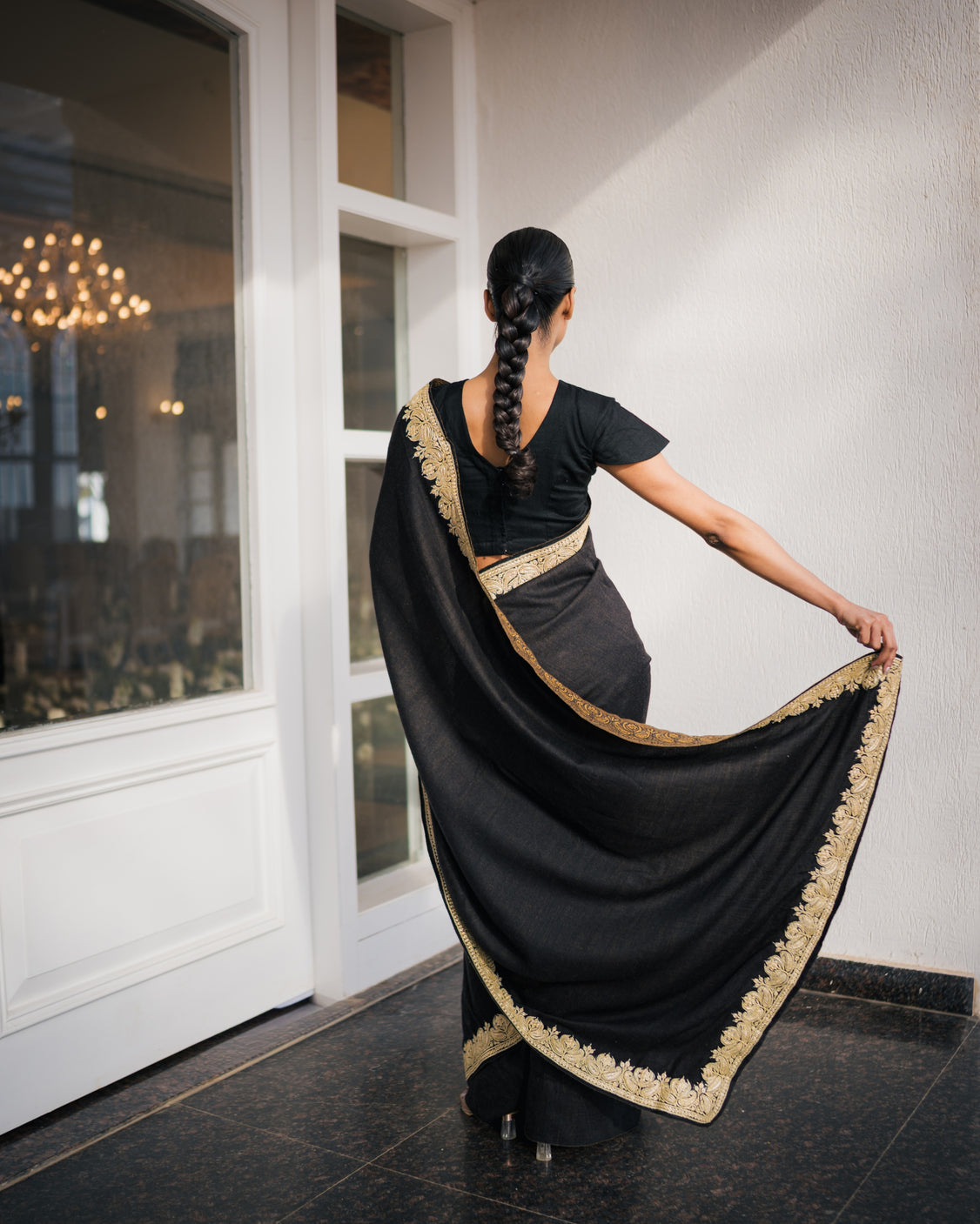 Ochre Black Reversible Embroidery & Handpainted Pashmina Saree
