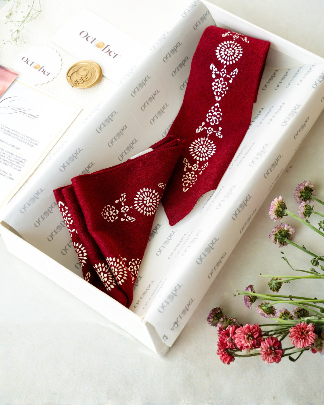 Maroon Silver Printed Pure Pashmina Tie & Pocket Square Set
