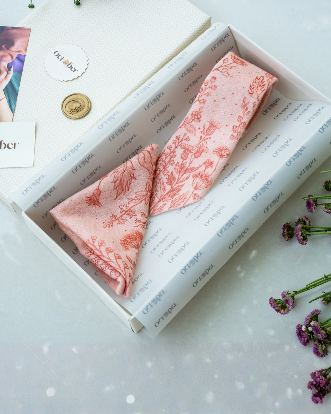 Peach Hand-Painted Pure Pashmina Tie & Pocket Square Set