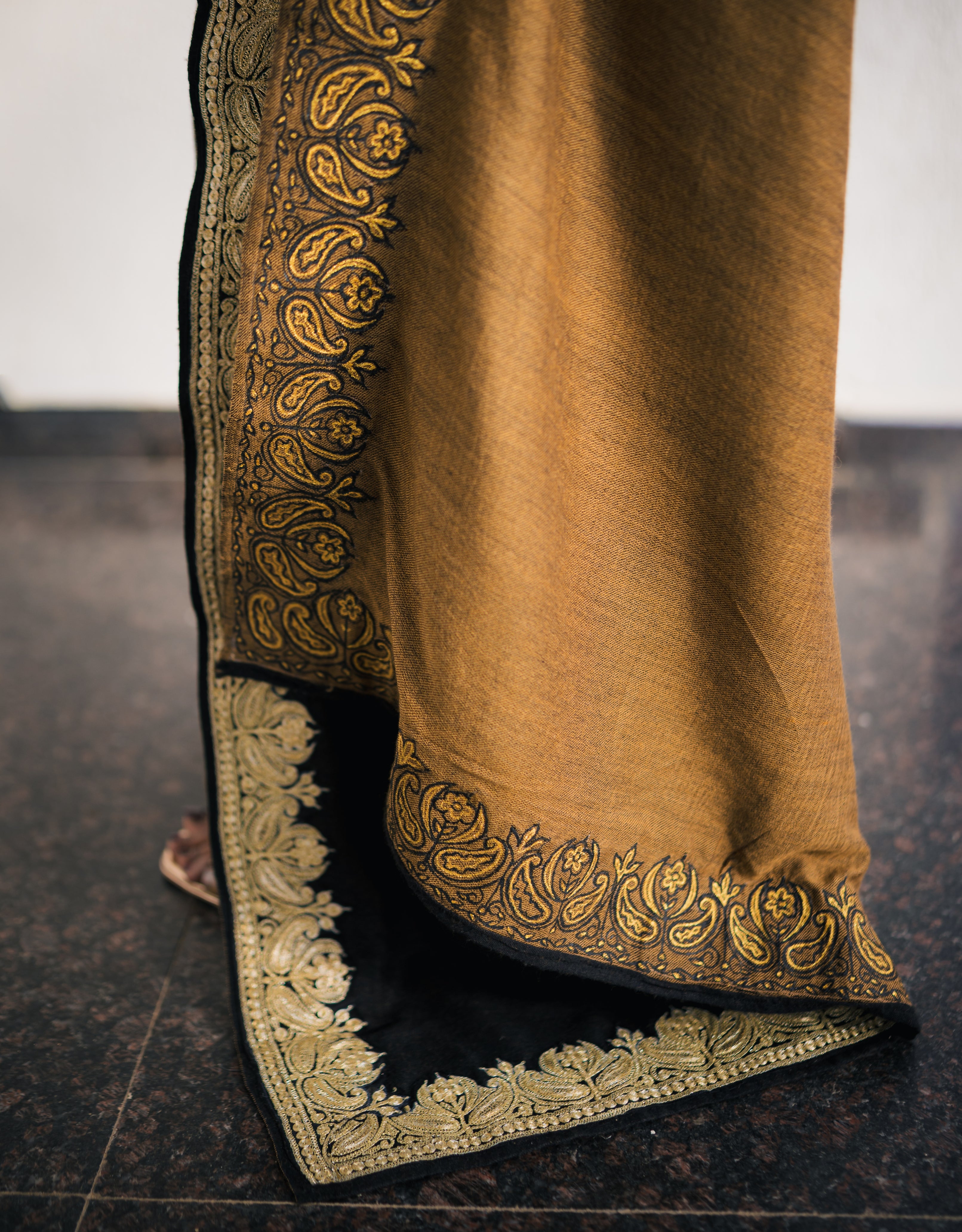 Ochre Black Reversible Embroidery & Handpainted Pashmina Saree