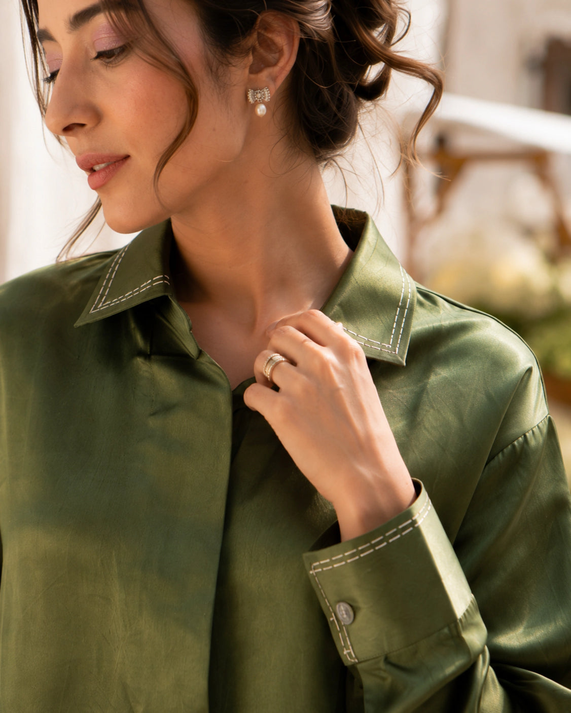 Sage Real Silver Back Pleat Mashru Shirt