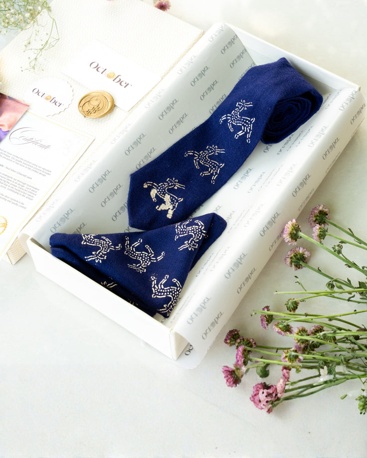 Navy Blue Pure Pashmina Silver Printed Tie & Pocket Square Set