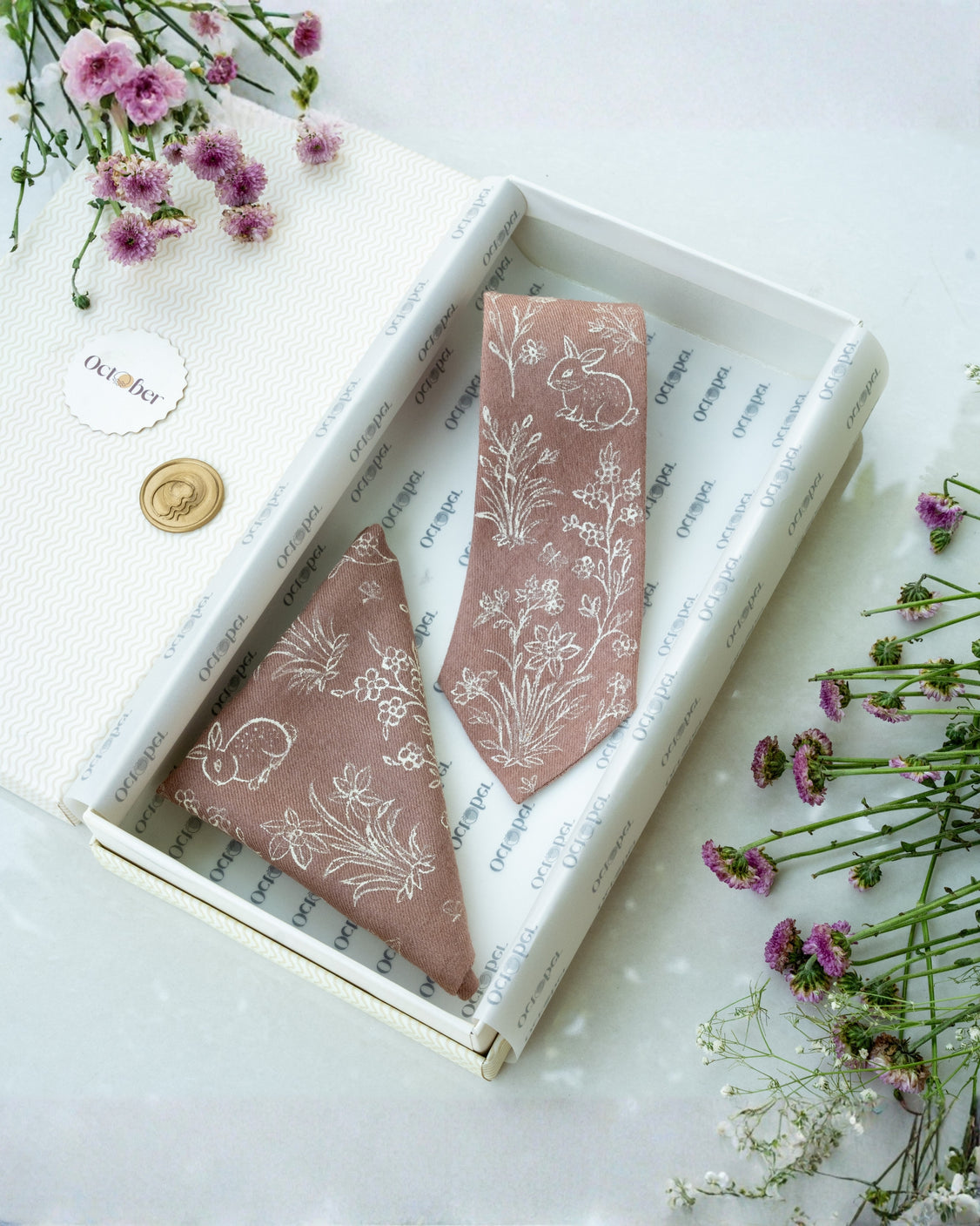 Dusty Rose Hand-Painted Pure Pashmina Tie & Pocket Square Set
