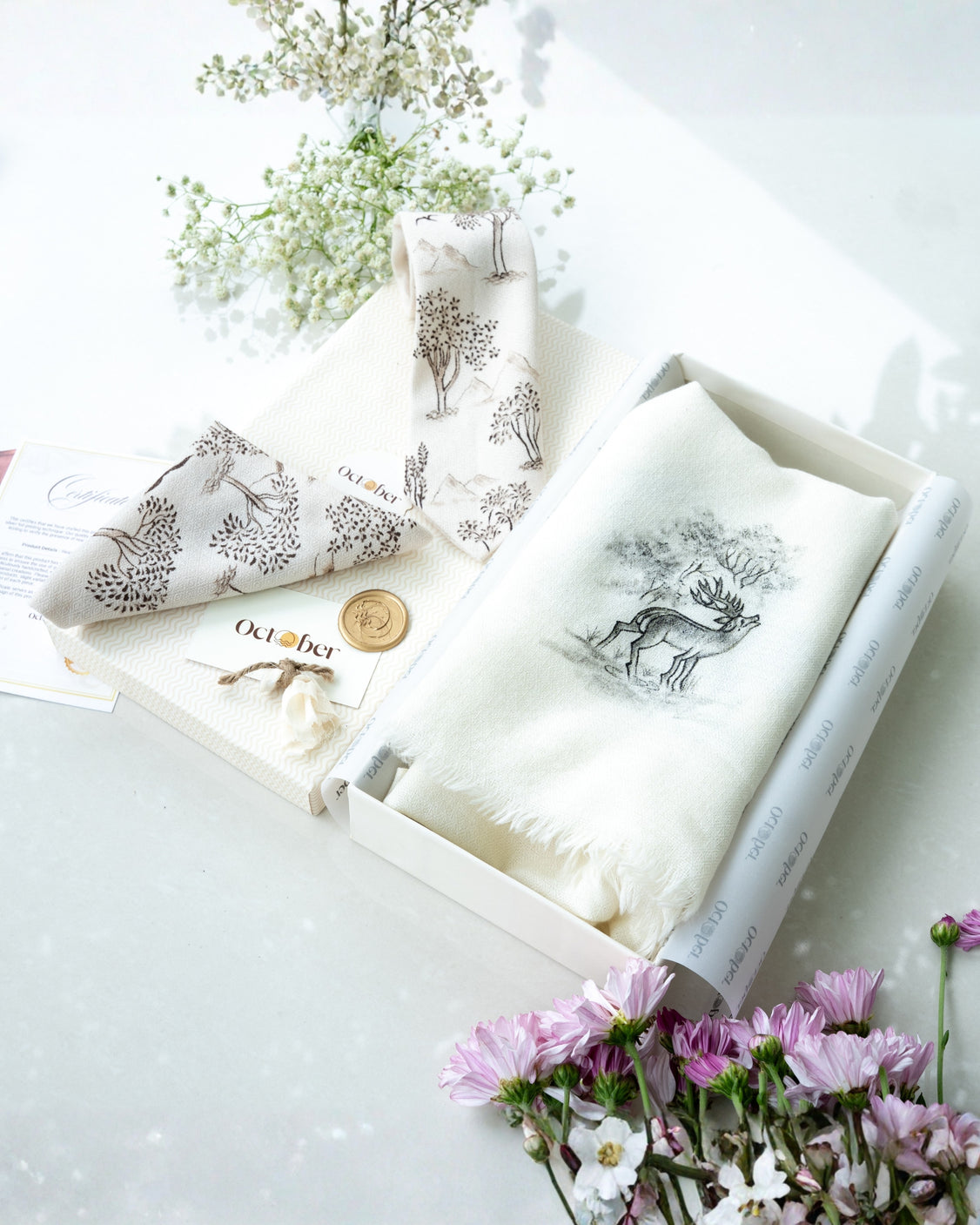 Off White Pure Pashmina Hand-Painted Scarf - Reining Rein Deer & Ivory Hand-Painted Pure Pashmina Tie & Pocket Square Set