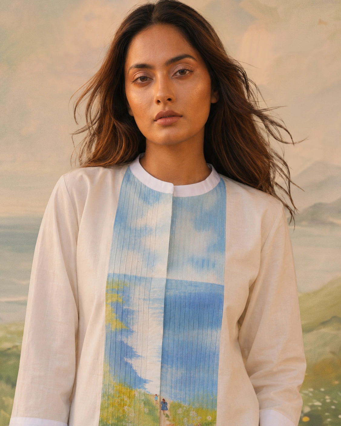 Beige Scenic Handpainted Pin tucks Cotton Shirt