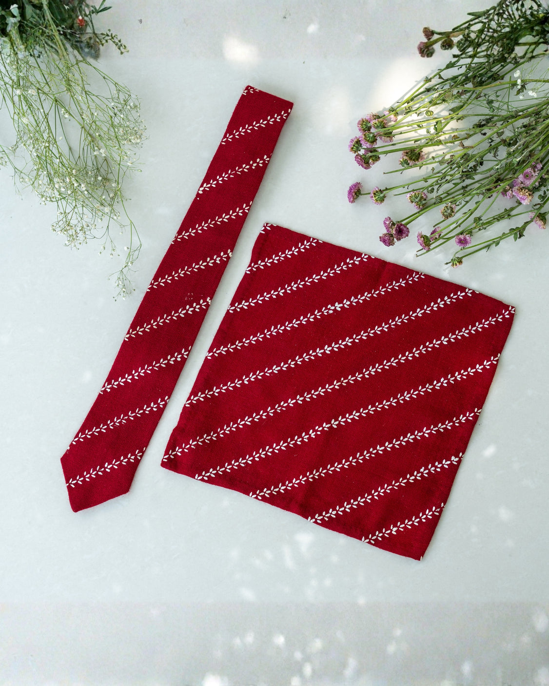 Maroon Pure Pashmina Silver Printed Tie & pocket Square Set
