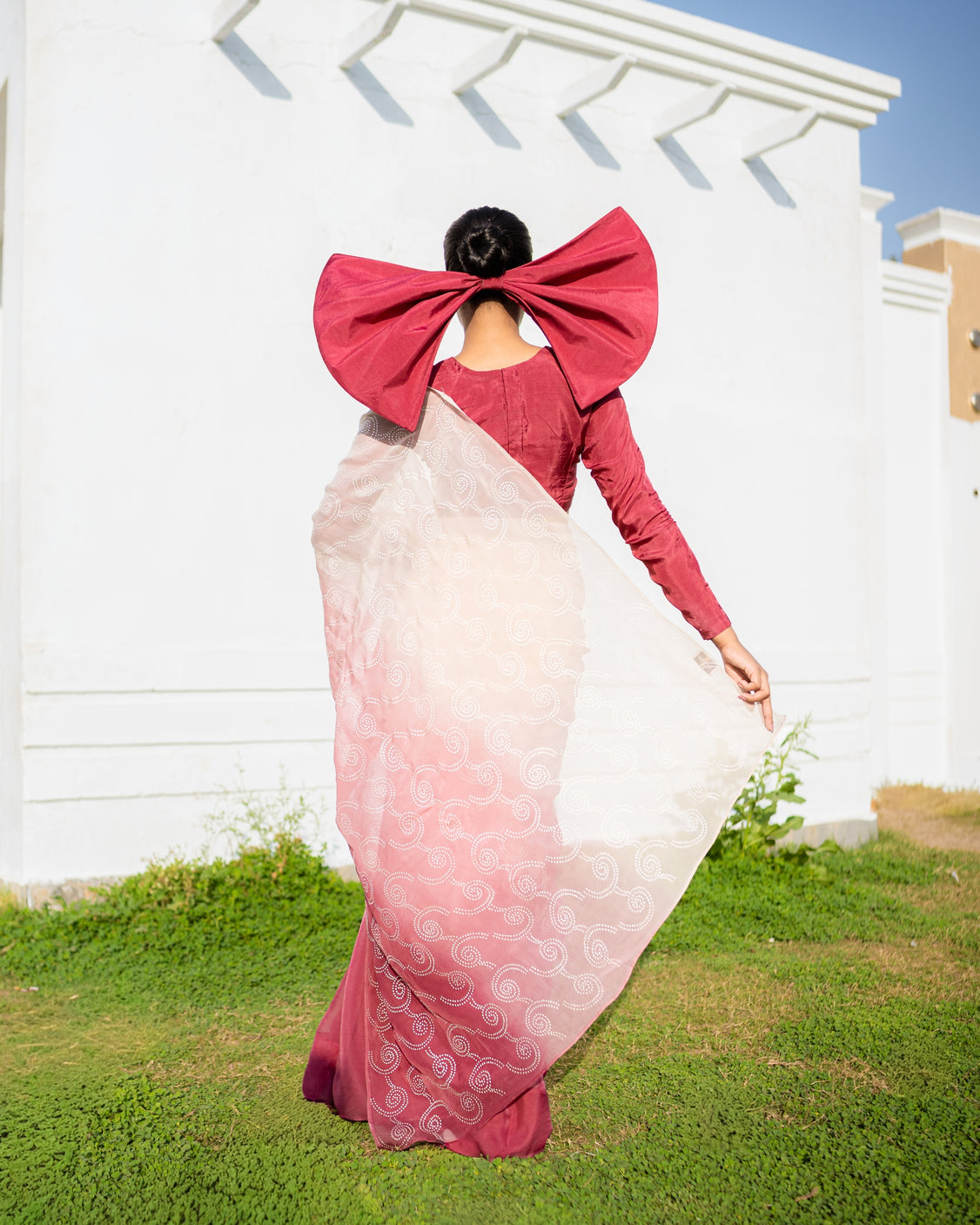 Burgundy Blush Silver Printed Organza Saree