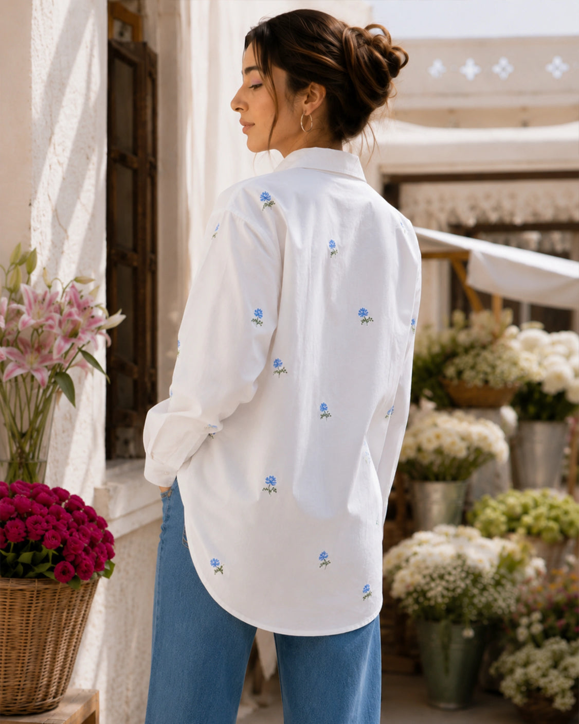 Porcelain Blue Rose Handpainted Cotton Shirt