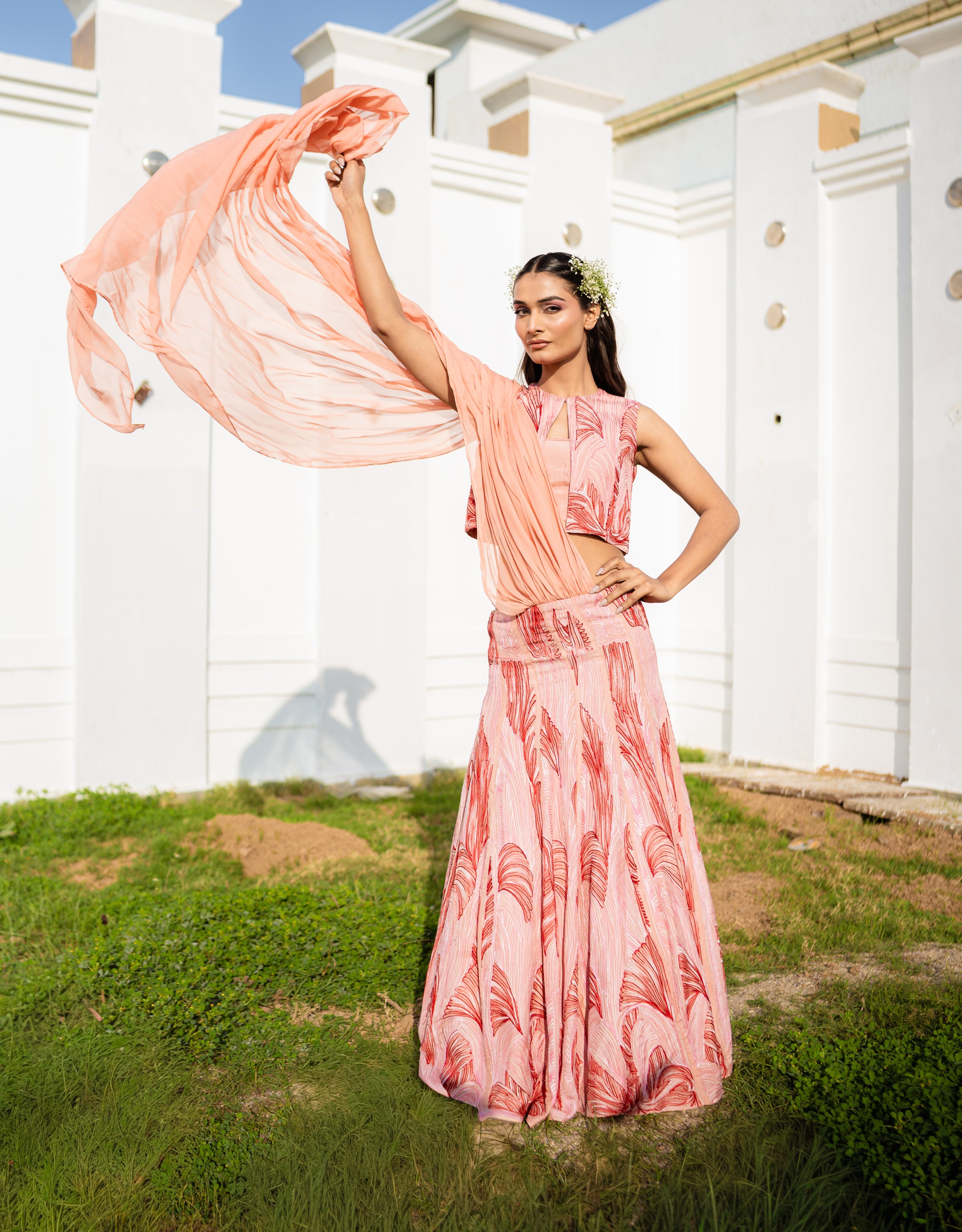 Peachy Embroidery & Handpainted Lehenga Saree Set