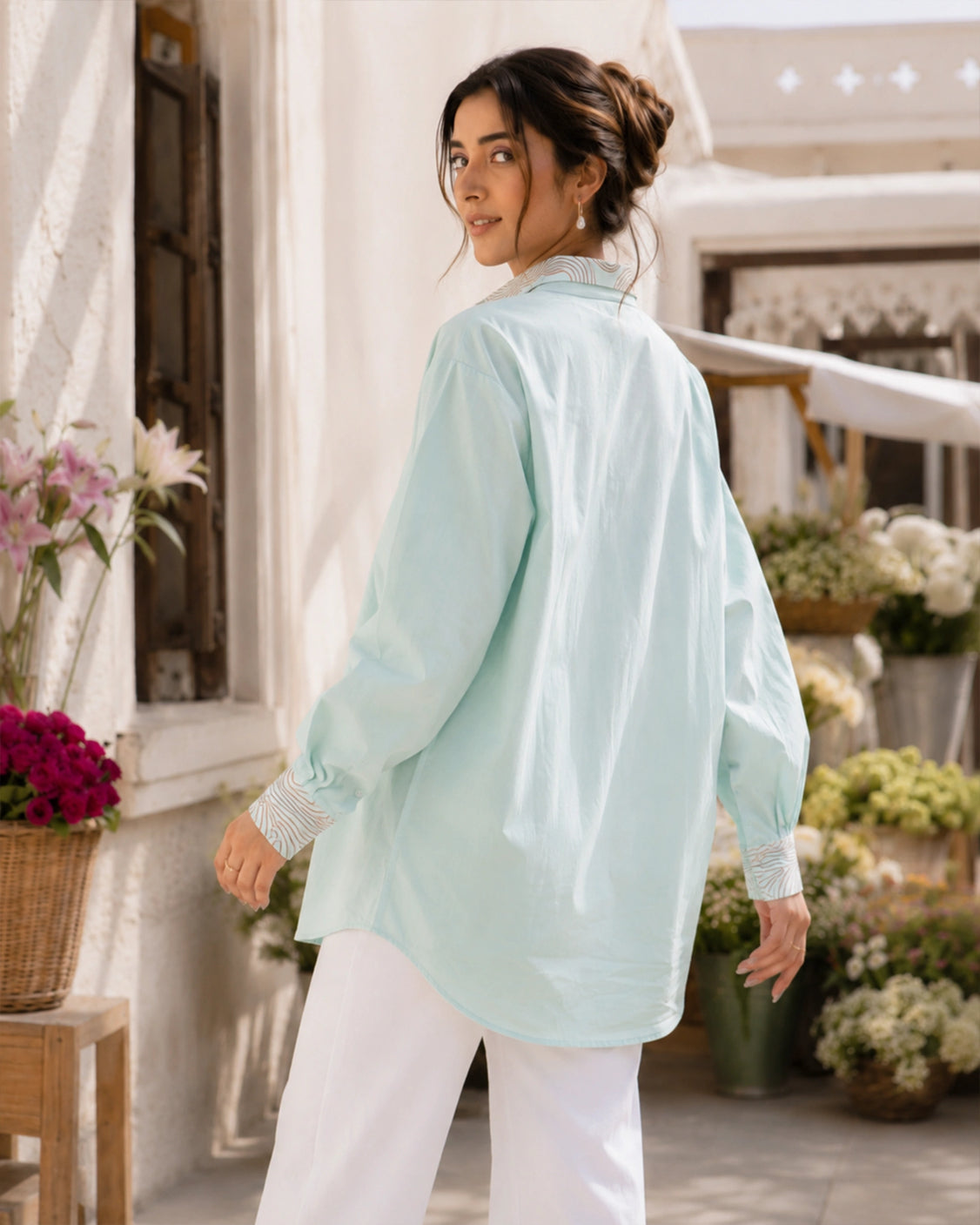 Mint Drift Handpainted Oversized Cotton Shirt