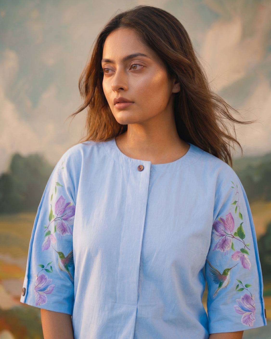 Sky Bougainvilla Handpainted Cotton Shirt