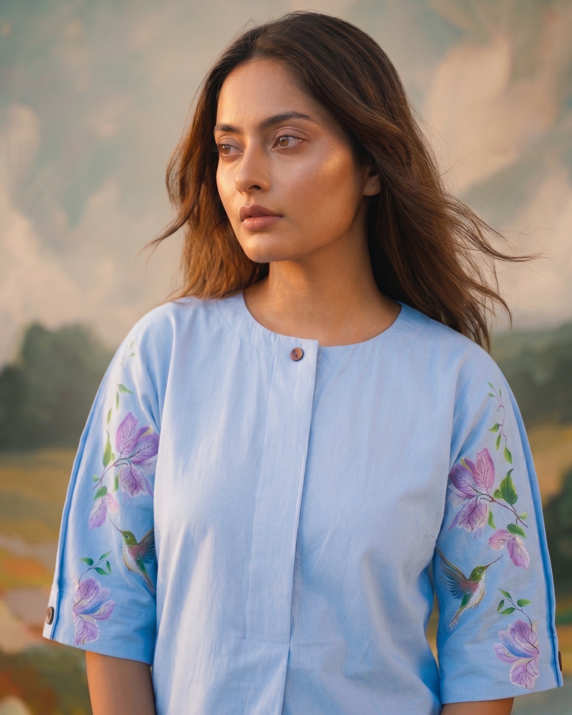 Sky Bougainvilla Handpainted Cotton Shirt