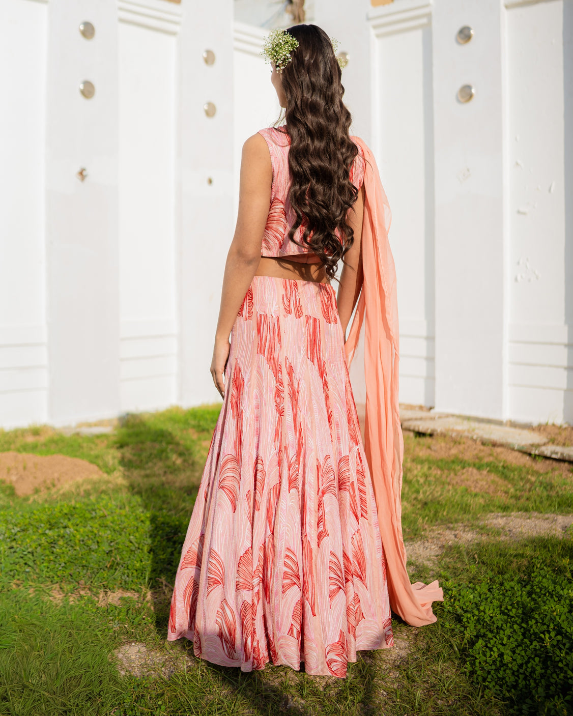 Peachy Embroidery & Handpainted Lehenga Saree Set