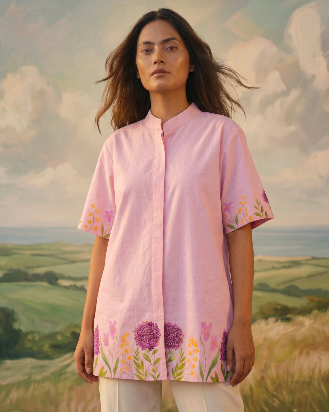 Blush Floral Handpainted Cotton Shirt