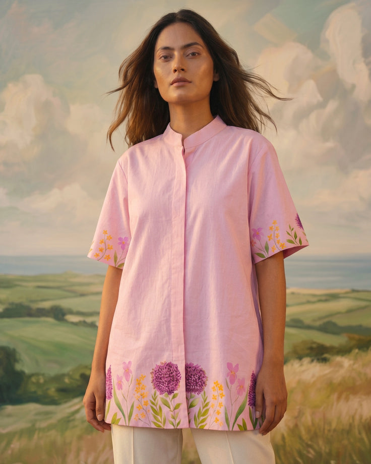 Blush Floral Handpainted Cotton Shirt