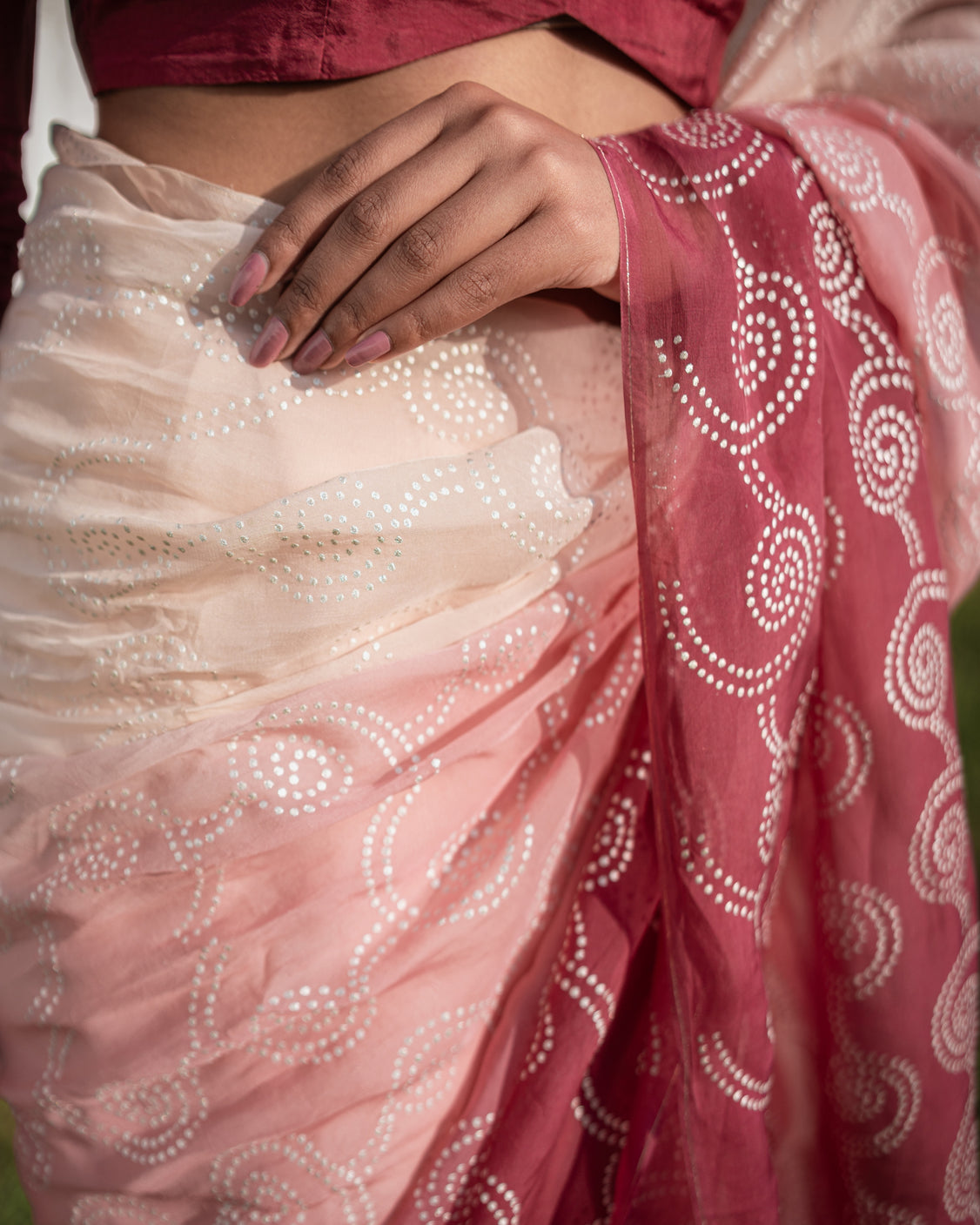 Burgundy Blush Silver Printed Organza Saree