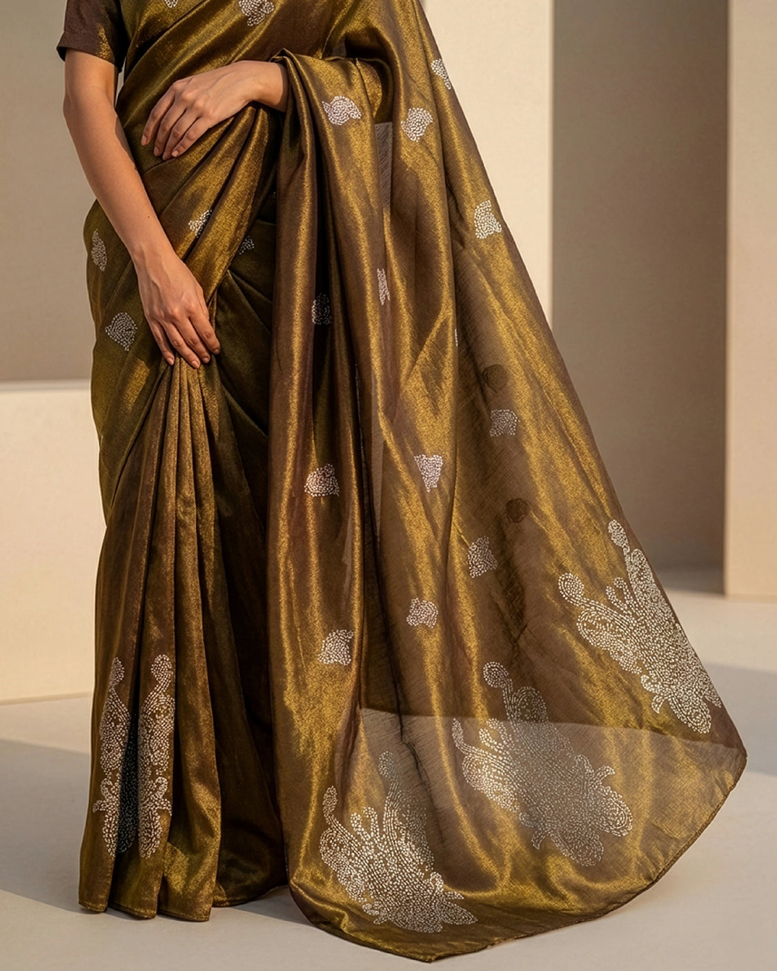 Caramel Gold Real Silver Saree in Tissue Silk