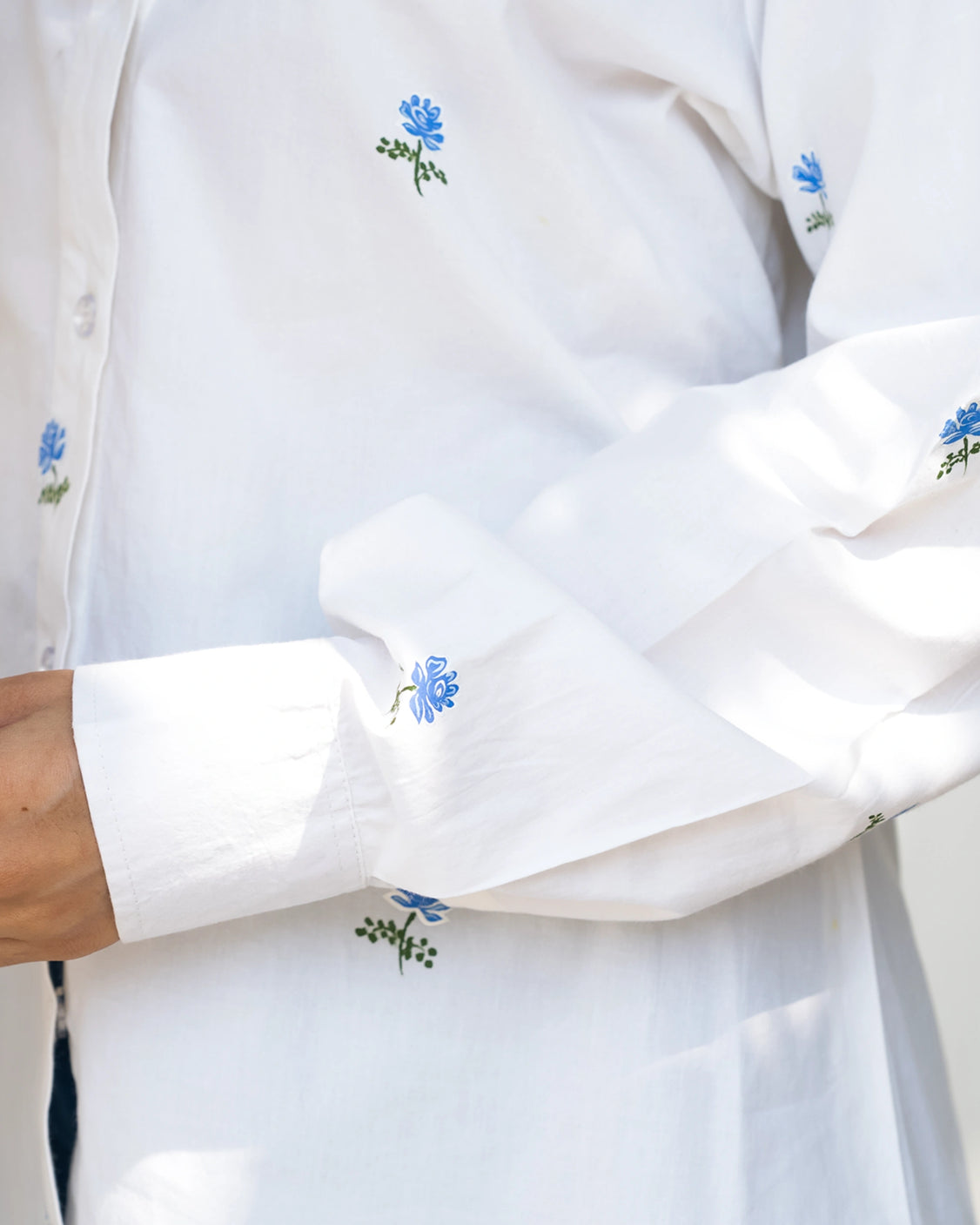 Porcelain Blue Rose Handpainted Cotton Shirt