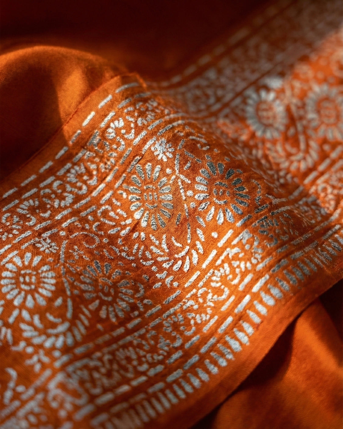 Burnt Organic Crepe Real Silver Saree