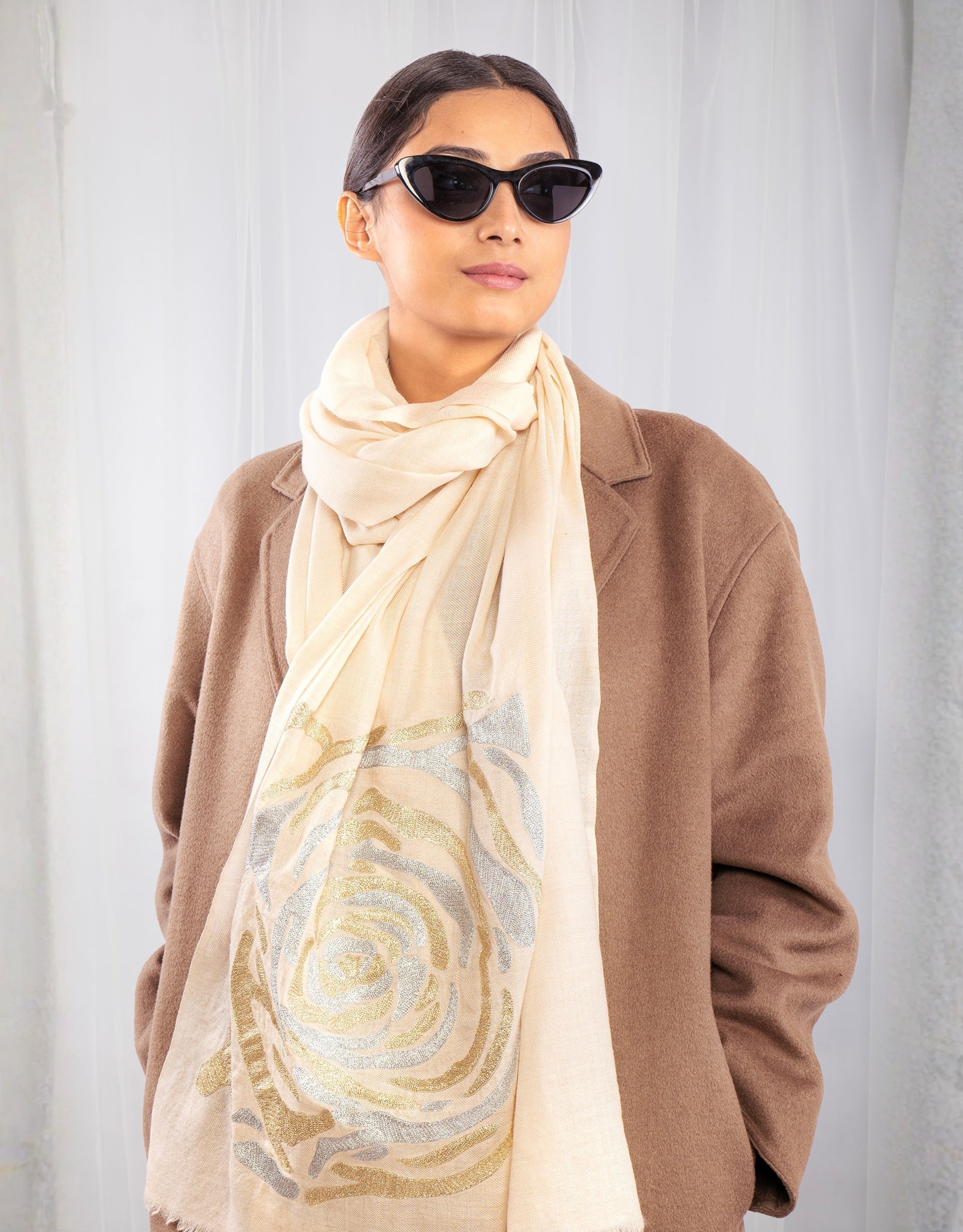 White Pure Pashmina Embroidered Scarf - Have a Rosy Day
