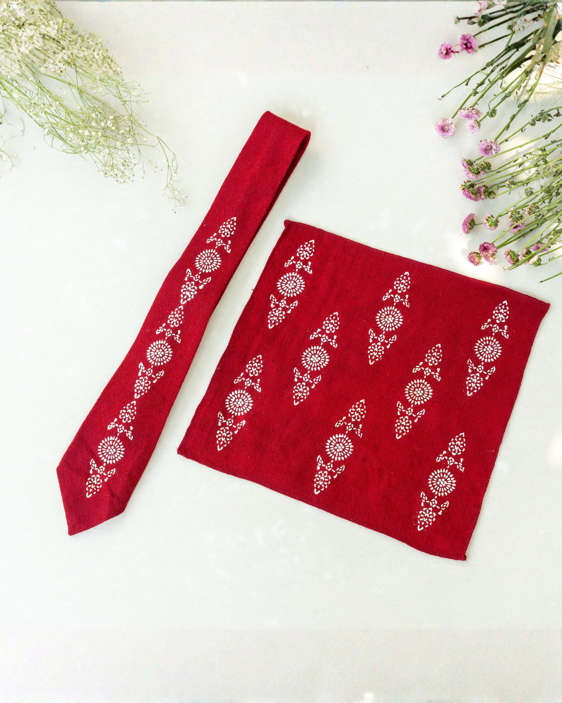 Maroon Silver Printed Pure Pashmina Tie & Pocket Square Set